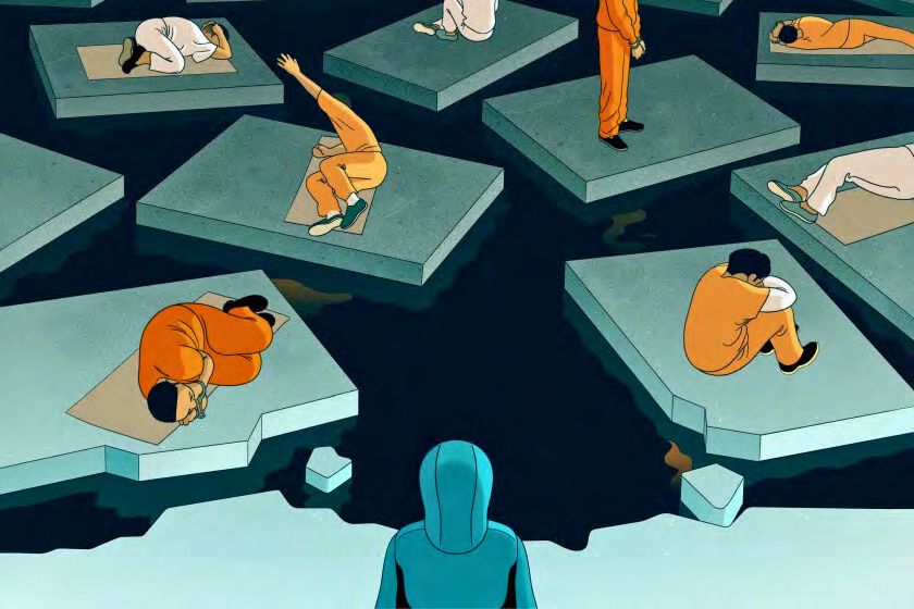 A silhouetted figure looks out across what looks like flat, rectangular blocks floating on water with detained peoples in various distressed positions amongst the floating platforms. Artwork Credit: Bianca Bagnarelli for Bloomberg Businessweek