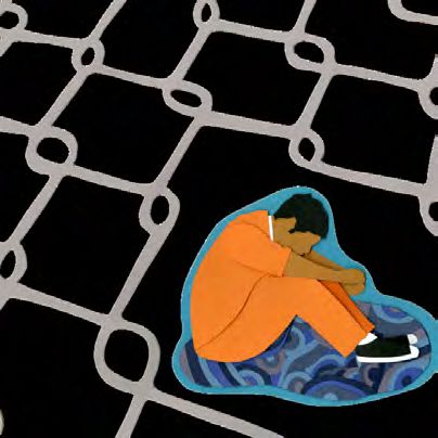 Illustration of detained person sitting on the floor in behind (almost confined by) a chain-link fence