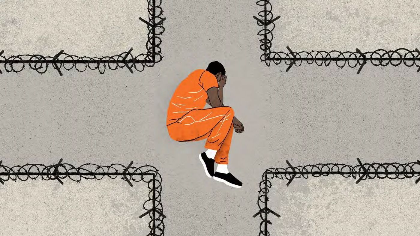 Birds-eye illustration of a person lying in fetal position, wearing stereotypical orange prison uniform with laceless black shoes, surrounded by encroaching barbed wire fences.