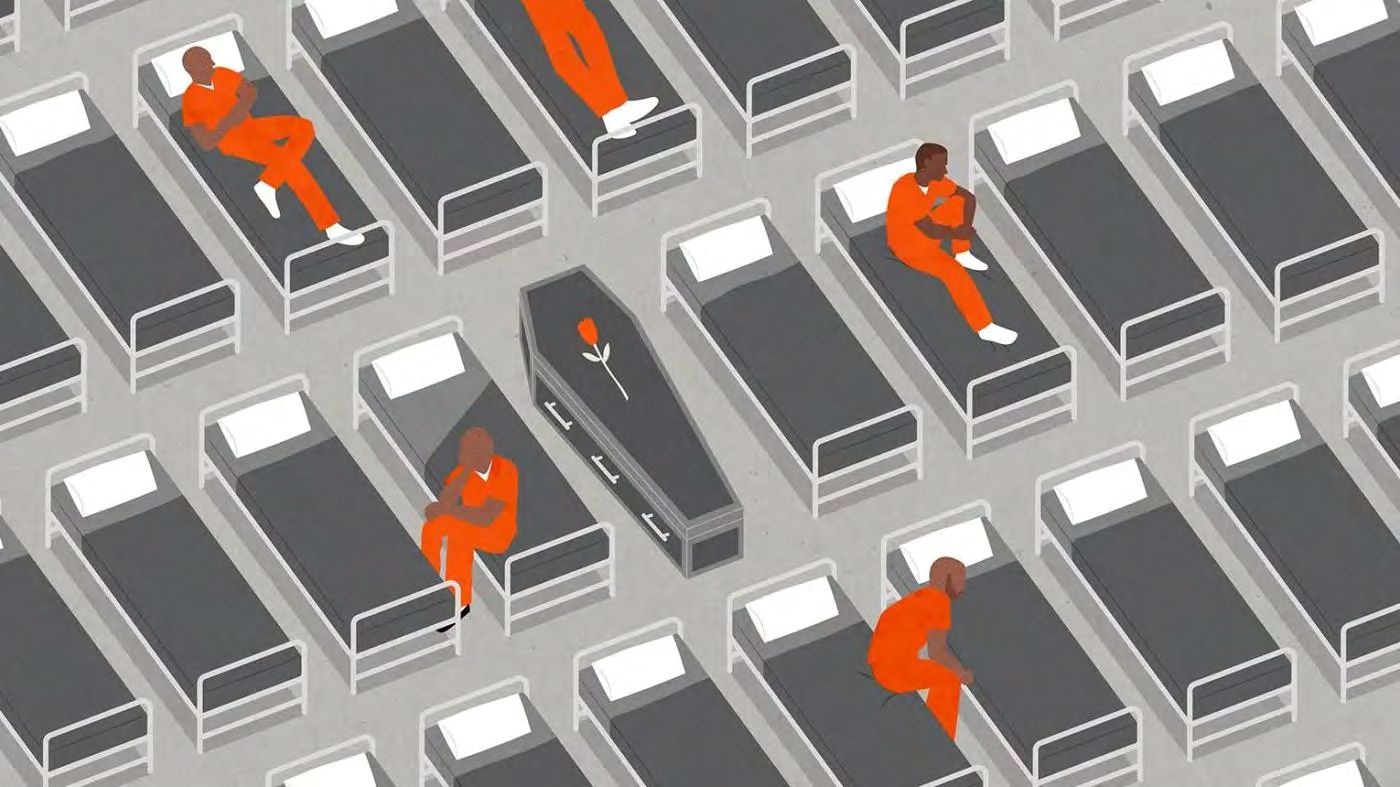 Minimalist illustration of several rows of cots with a few people in prisoners uniforms scattered
              looking away from a coffin centered in the frame in the middle row of cots.