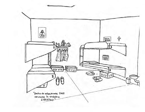 Napkin drawing of detention cell with four beds sharing one sink and exposed toilet.