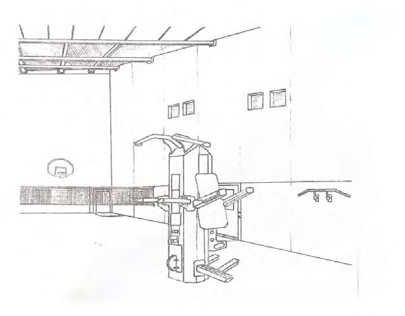 Tall enclosed room with a mounted basketball hoop, pull-up bar, and a single multi-functional excercise machine. Four small windows sit 30-40 feet off the ground.