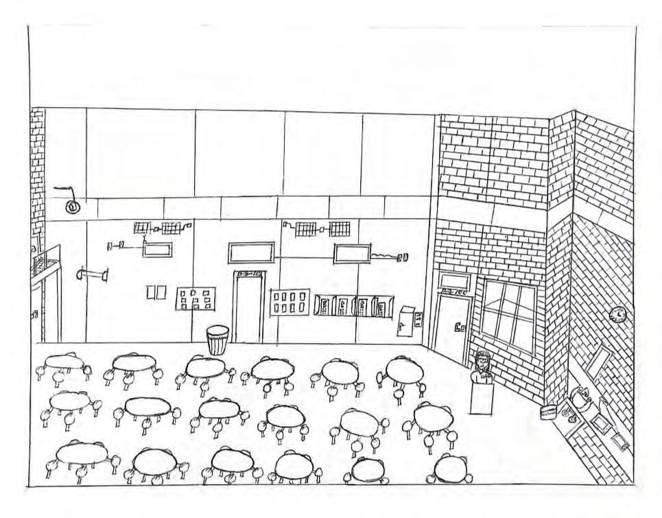 Napkin illustration of large common area with 18 round tables in the center and tall ceilings.