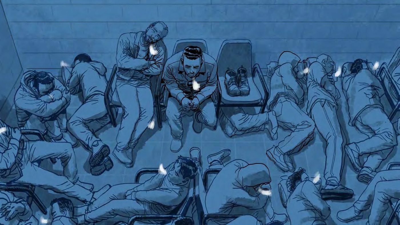 Aerial closeup sketched illustration of 8 people in a dark cramped space all sleeping
          precariously.