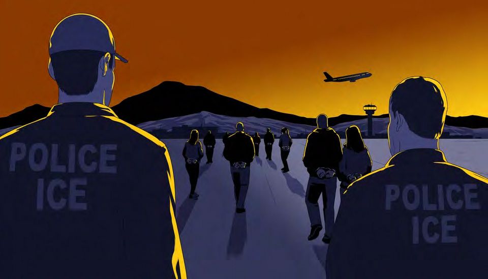 Illustration of the backs of 2 men in jackets reading, "Police ICE" while they face several
          handcuffed perople walking towards the background where mountains, a flight control tower, and a plan taking off
          can be seen with the light of the dimly lit horizon