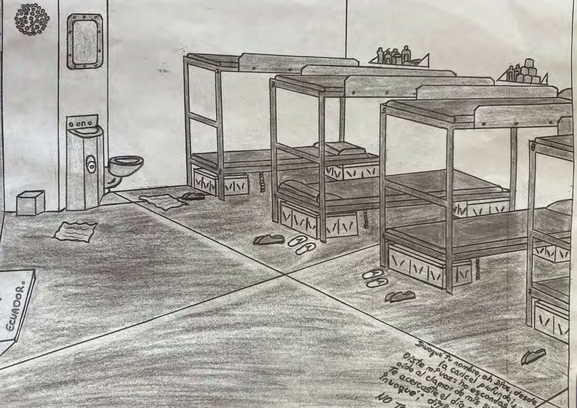 hand-drawn depiction of a detention cell with several bunk beds